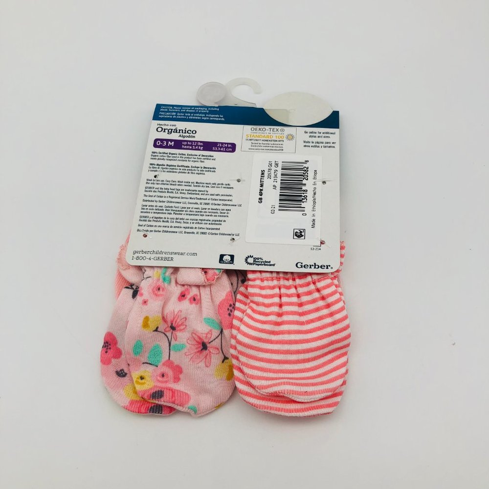 Gerber Baby Girls 4-Pack 0-3m No Scratch Mittens, Pink Floral Solid Striped NEW - Picture 2 of 3